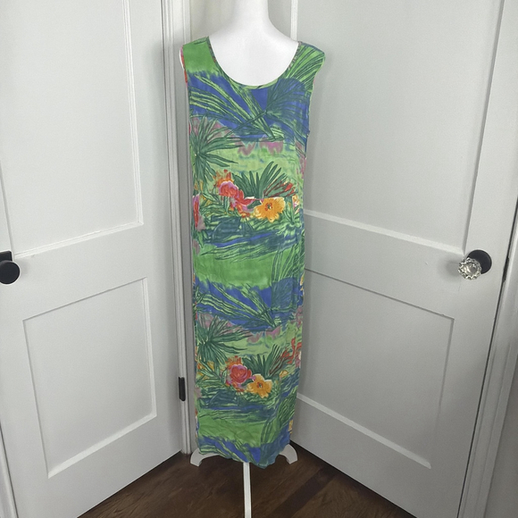 Jams World Dress Womens Medium Tropical Floral Hawaiian Midi Pockets Y2K Vtg - Picture 2 of 10